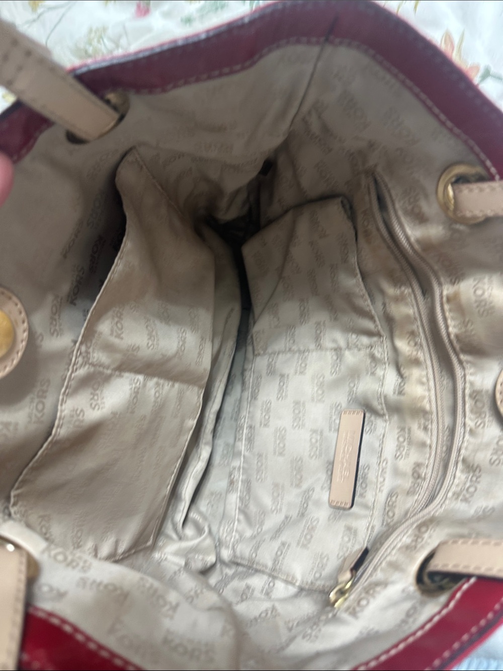 Michael Kors Glossy Red Tote with Beige Straps - Picture 6 of 6